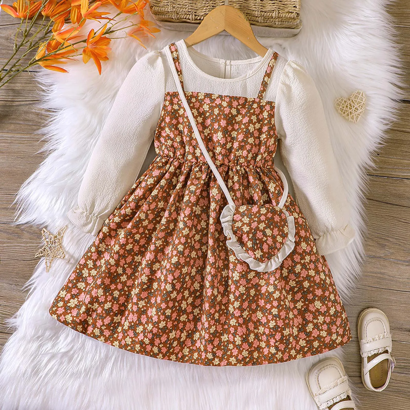 1-6Y Kids Toddler Girl Dress New Fashion Princess Party Spring and Autumn Clothing Long Sleeve Floral Dress With Bag Outfits