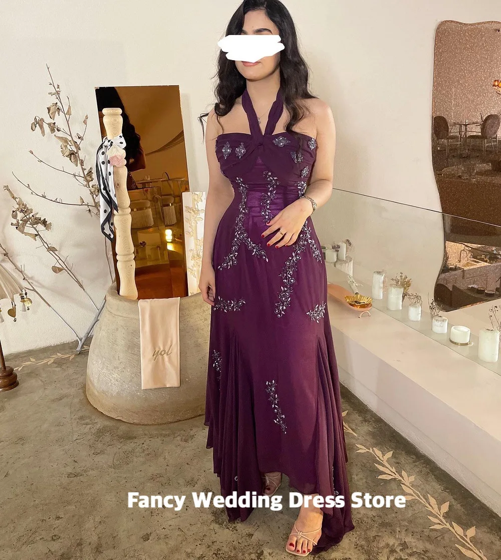 Fancy Elegant Purple A Line Evening Dress Saudi Arabia Hand Sewn Beads Prom Gown Sleeveless Formal Occasion Dresses customized