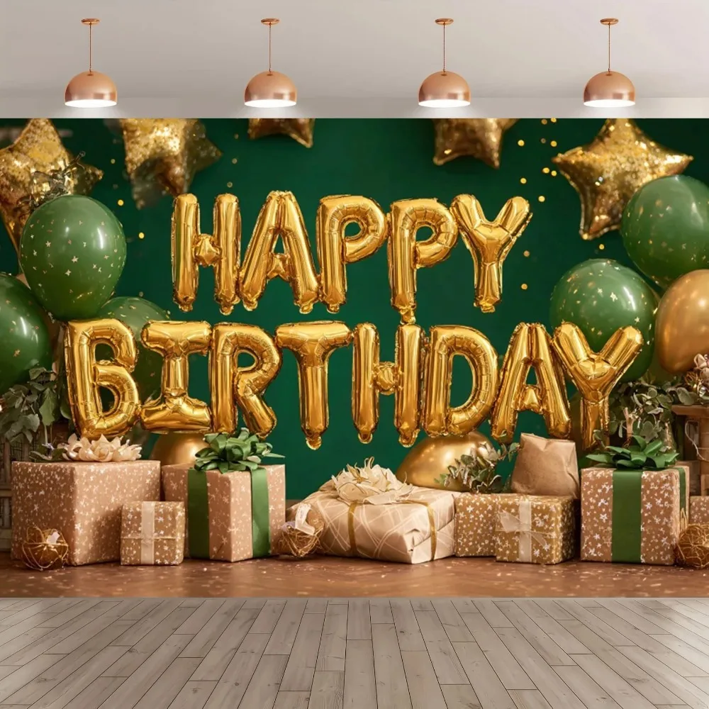 

Elegant green and gold birthday shooting background, sparkling balloon gift decoration, adult birthday party shooting background