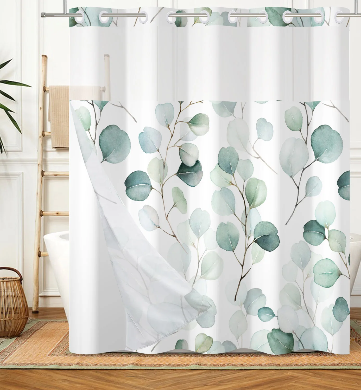 No Hooks Double Layer Shower Curtain Waterproof Removable Lined Leaves Plants Flower Modern Bathroom Decorative Shower Curtains