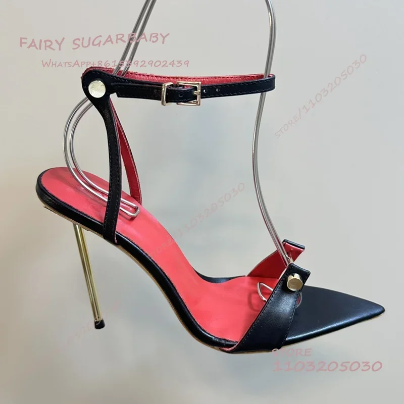 

Black Patent Leather Matte Pointed Open Sandals Women Rivet Link Metal Heel Ankle Chain Buckle Red Dress Hollow Shallow Shoes