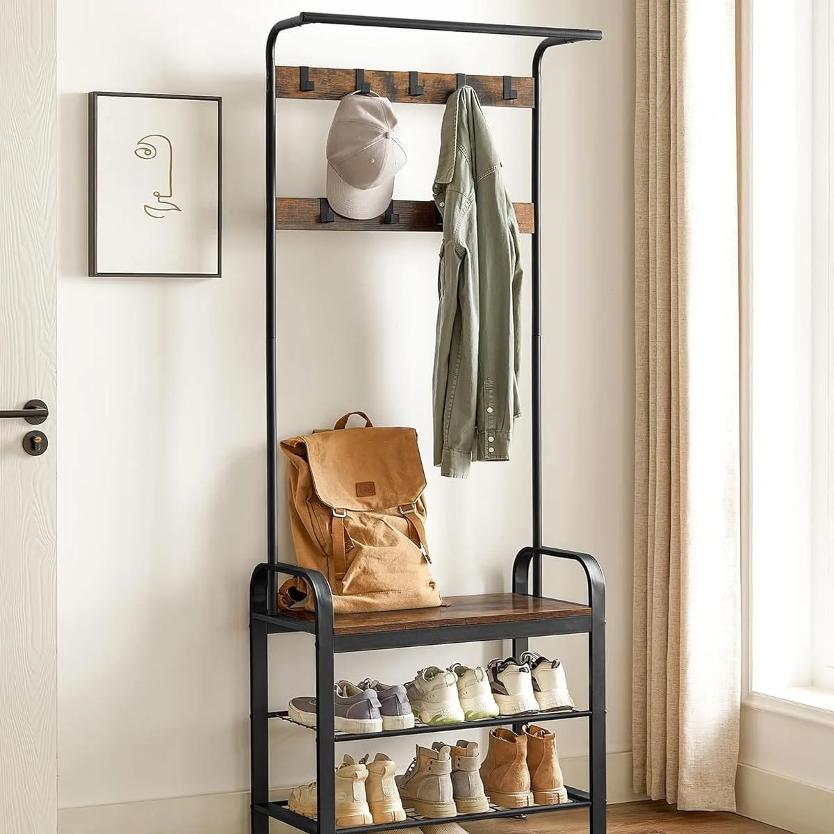 

Iron and wood splicing coat rack furniture living room hanger with shoe changing stool multi-layer integrated entrance rack