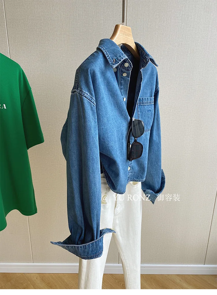 Spring 2024 Commuter Style Fashionable Simple All-Match High-Grade Embroidered Pocket Cotton Short Denim Shirt Women's Spring