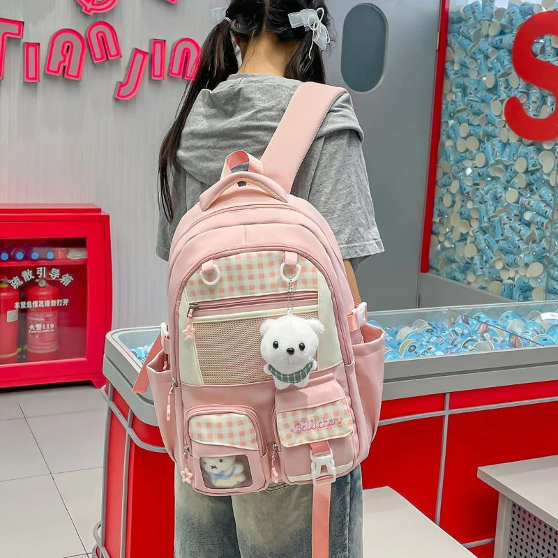 Cute Cartoon Women Nylon Backpack Teenage Girls School Bag Lightweight Large Capacity Wear Resistant Multiple Compartments