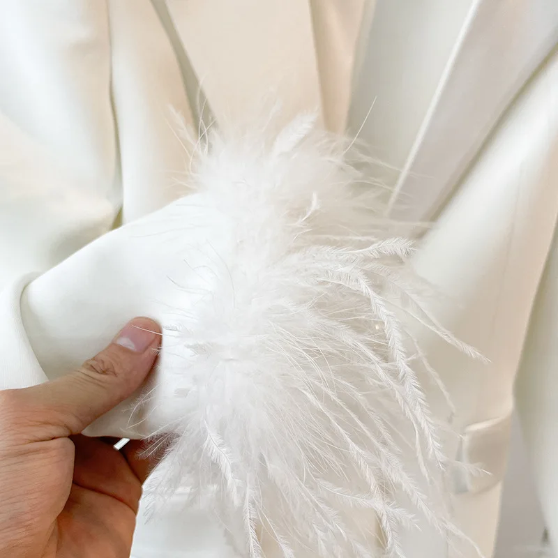 Blazer Hosenanzüge Weiß Echte Federn Ärmel Single Button Party Büro Business Tragen Anzug Revers Jacke Hosen Zwei Stück Sets