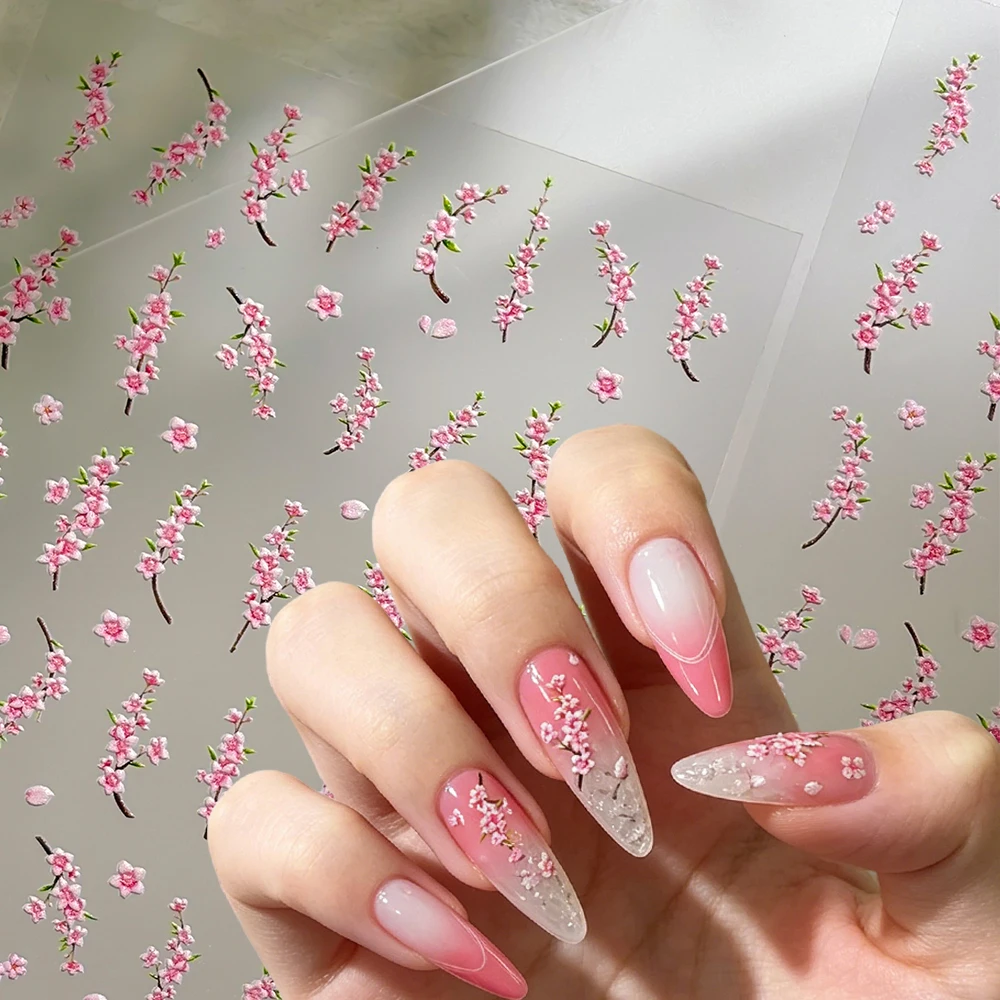 1Pc Peach Flower On Branch Nail Art Stickers 5D Embossed Japanese Pink Cherry Blossom Adhesive Nail Decal Spring Floral Nail Dec