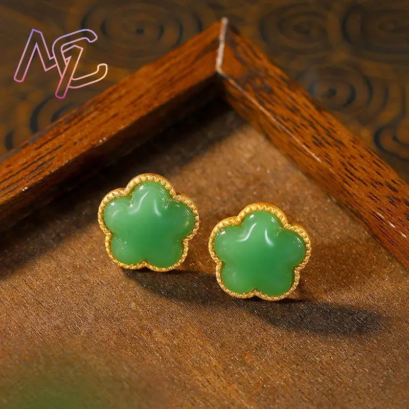 Green Natural Jade Clover Earrings Gifts for Women Talismans Vintage Ear Stud Lucky Stone Charm Amulet Luxury - view 2