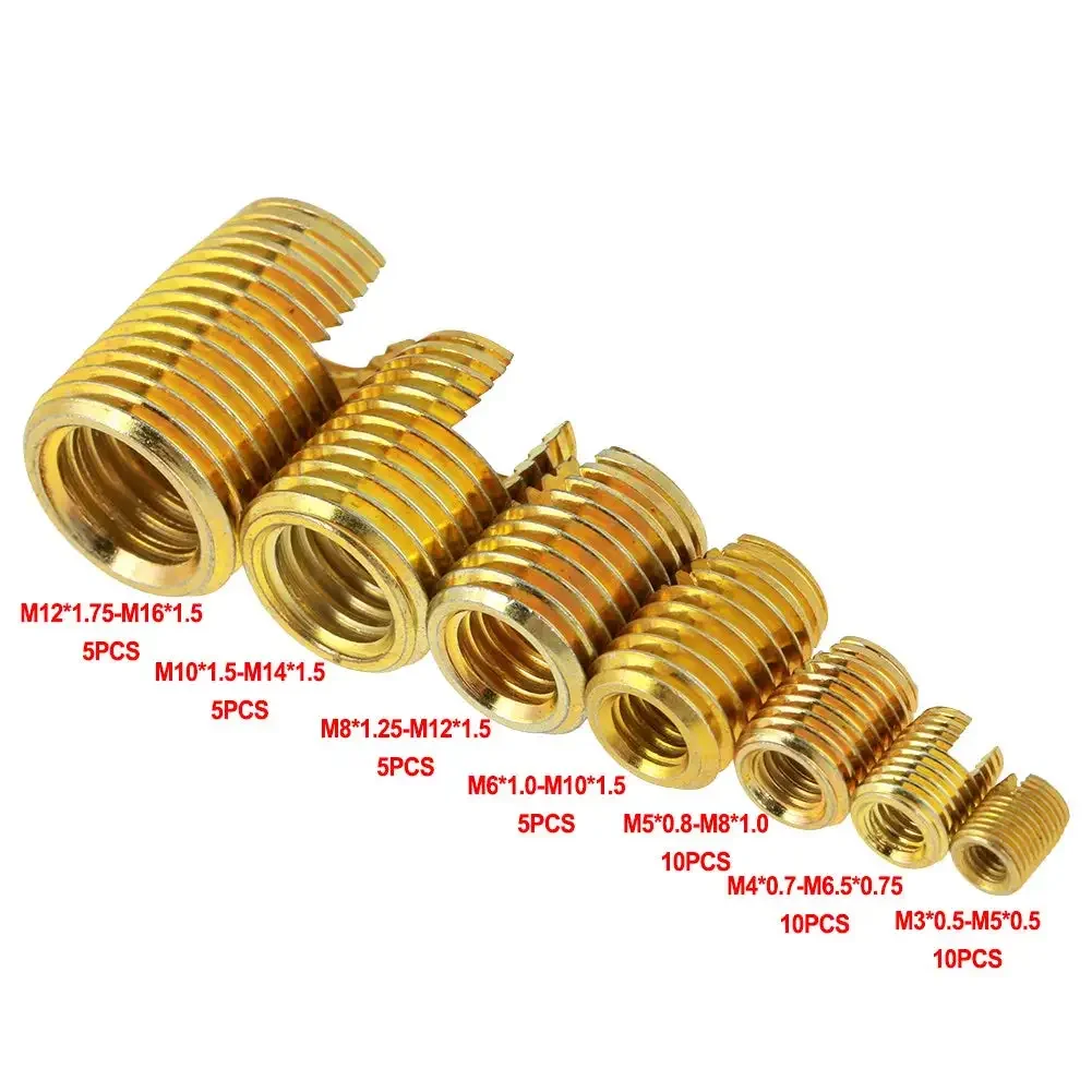 50Pcs Brass Tone Self Tapping Thread Slotted Inserts Combination Set Repair Thread Tool