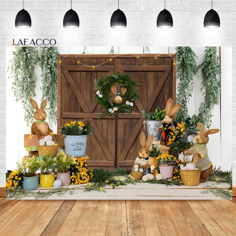 Laeacco Spring Garden Backdrop Cute Rabbit Eggs Flowers Newborn Kids Birthday Easter Portrait Customized Photography Background