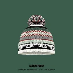 Niche Ethnic Style Retro Hand-knitted Contrasting Wool Beanie Hat Women Autumn Winter Warm Ear Protection Grassland Beanie Cap