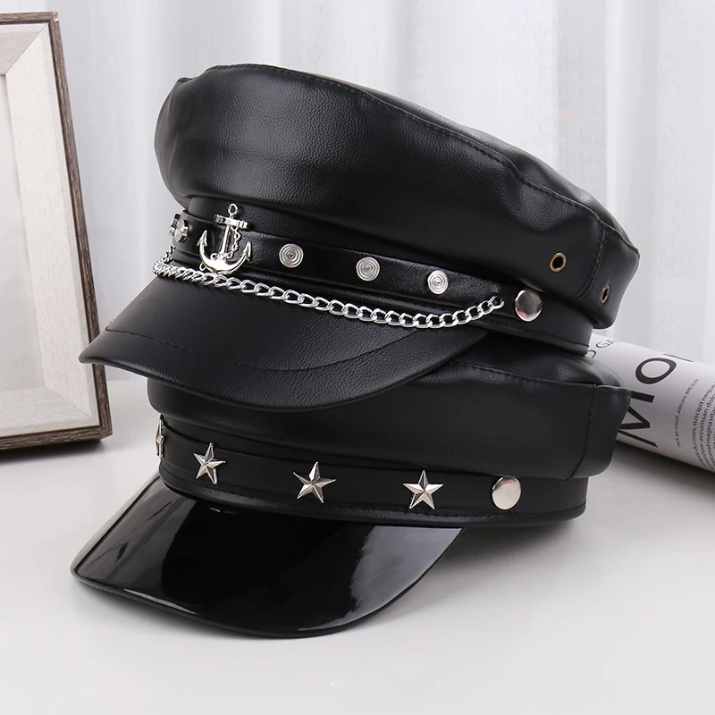 Vintage skórzane granatowe czapki Punk Hip Hop wiatr Beret czarna PU czapka wojskowa gotycki kapelusz wojskowy