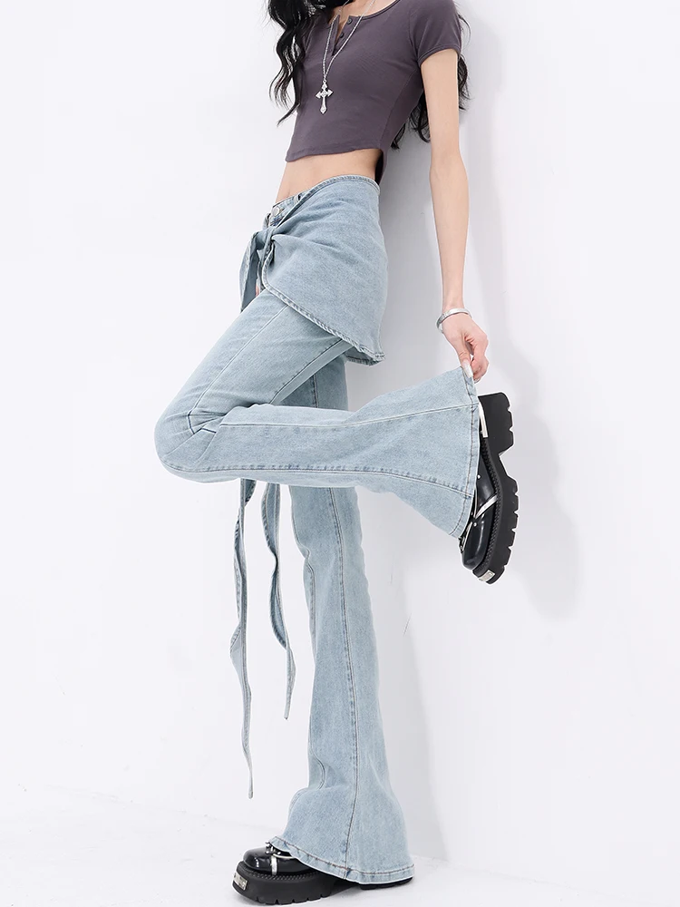 Spring and Autumn New Women's Pants, Fake Two Piece Stacked Elastic Cowboy Bellbottom Pants