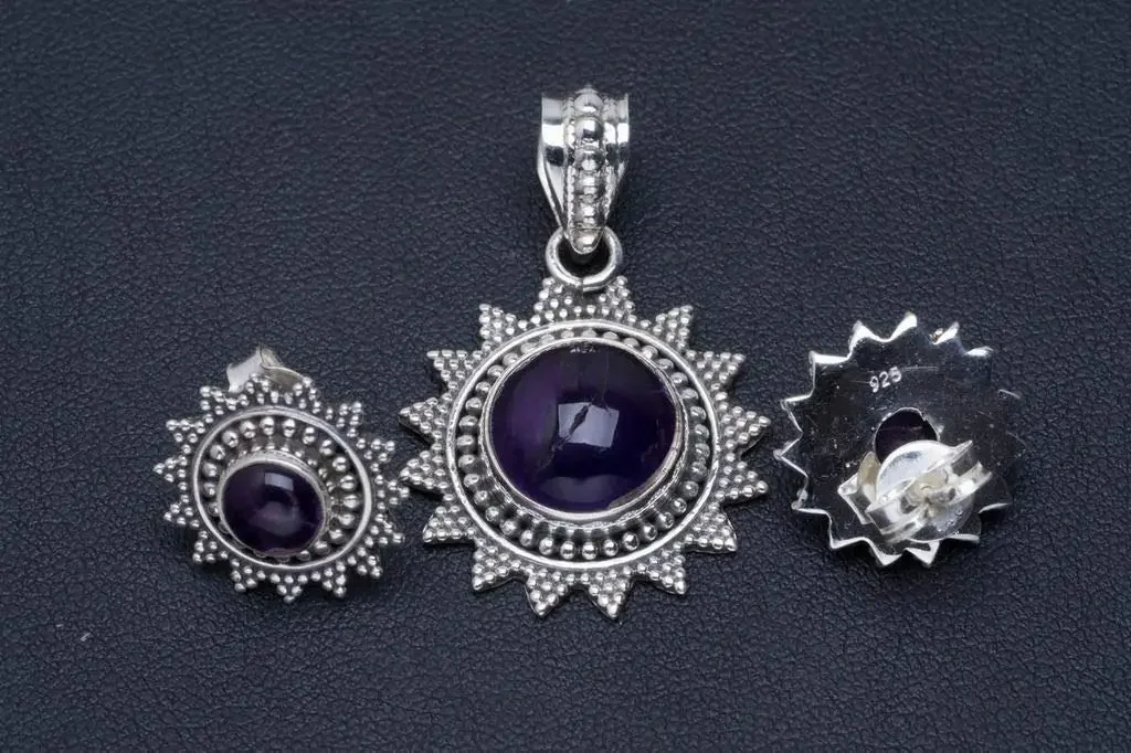 

Hesy® Natural Amethyst Handmade Unique 925 Sterling Silver Jewelry Set Pendant 1.25" Studs 0.5" A3761
