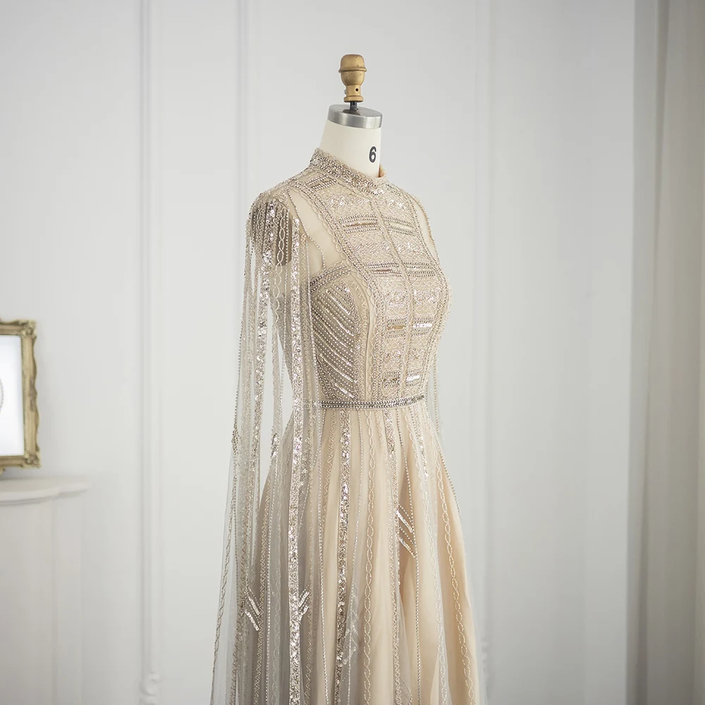 シャロンは言った-女性のためのケープスリーブ、結婚披露宴のためのフォーマルなガウン、灰色とヌード、豪華なドバイ、ss428でカスタマイズされたイブニングドレス