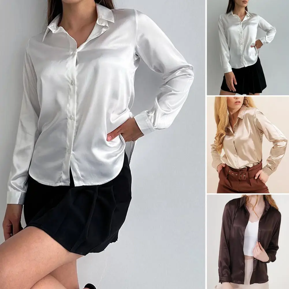 

Women Shirt Lapel Long Sleeve Solid Color Single Breasted Tops French Style Smooth Satin Shirt Tops Daily Wear