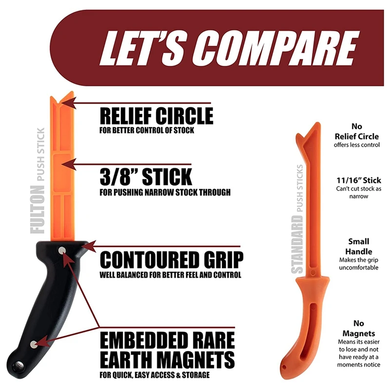 Bâton poussoir de travail de calcul de sécurité, parfait pour pousser le stock à travers les scies de table, façonneurs de tables de toupie, 2 paquets