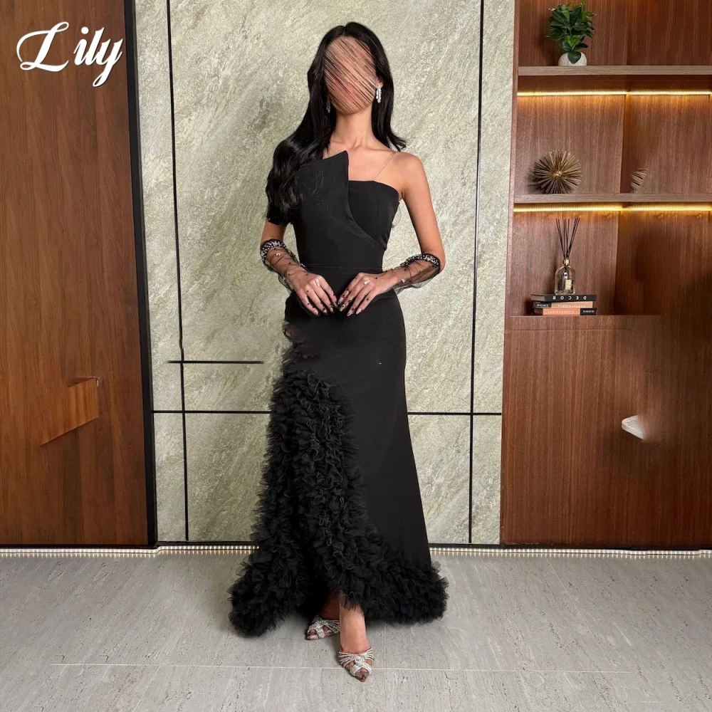 Lily – robe de soirée trompette en Satin noir, Sexy, sans manches, plis froncés, avec robe de soirée fendue, personnalisée