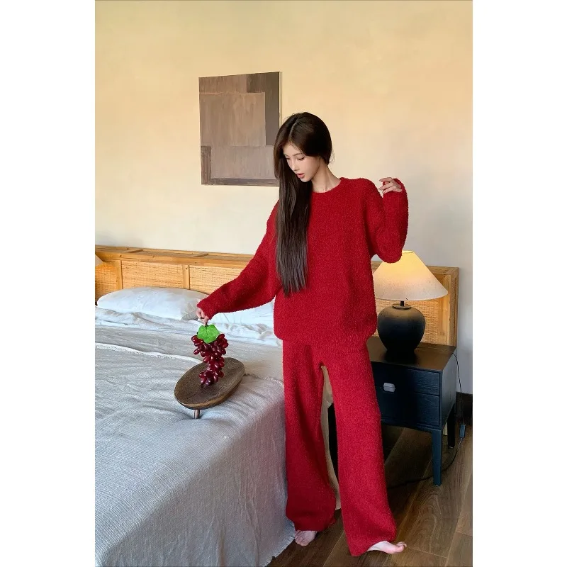 ملابس نوم نسائية نصف صوف شتوية جديدة بلون سادة ملابس منزلية حلوة مريحة ودافئة ومرنة قابلة للانفصال