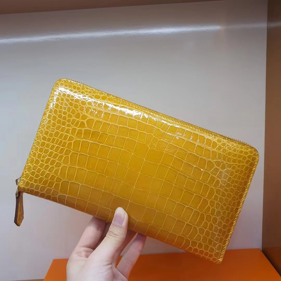 กระเป๋าสตางค์ผู้ชายหนังจระเข้แท้มันวาวสูง 100% จระเข้ Nilo ขนาดยาวผู้ถือใบอนุญาตเงินสดบัตรธนาคาร