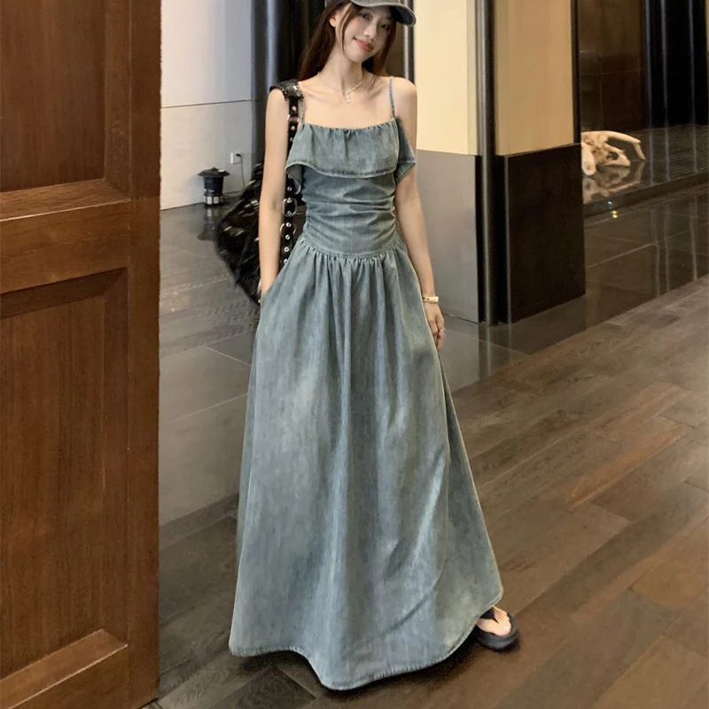 

Vintage Ruffle Camis Dress Women Sweet Casual Ruffle Denim Dress Y2K Summer Chic Night Party Jeans Vestidos Mujer New