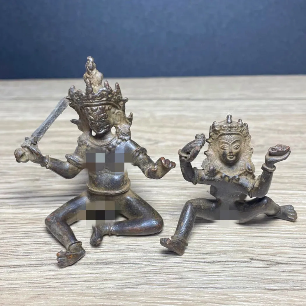 Antique Copper Alloy Yab-Yum Happy Buddha Mini Statue Tibetan Tantric Buddhism Hevajra Figurine Old Patina Desk Ornament Deecors