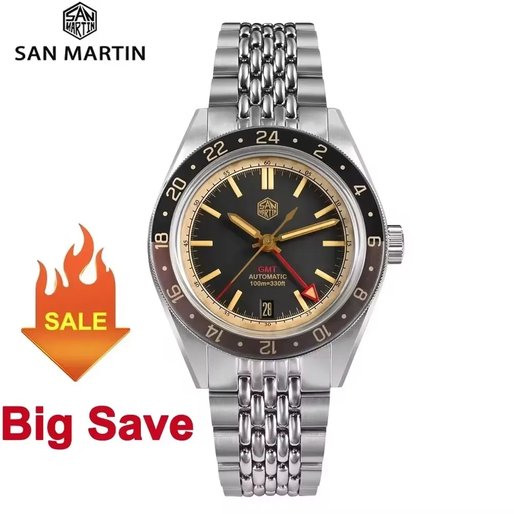 

San Martin 39.5mm Men Watch NH34 GMT Automatic Mechanical Vintage Distressed Aluminum Bezel Sapphire Waterproof Watches SN0116