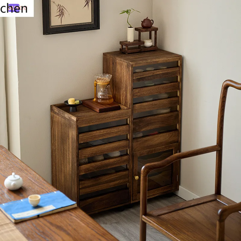 HXL Solid Wood Simple Tea Cabinet Walnut Color Tea Room Storage Chest Tea Set Cabinet