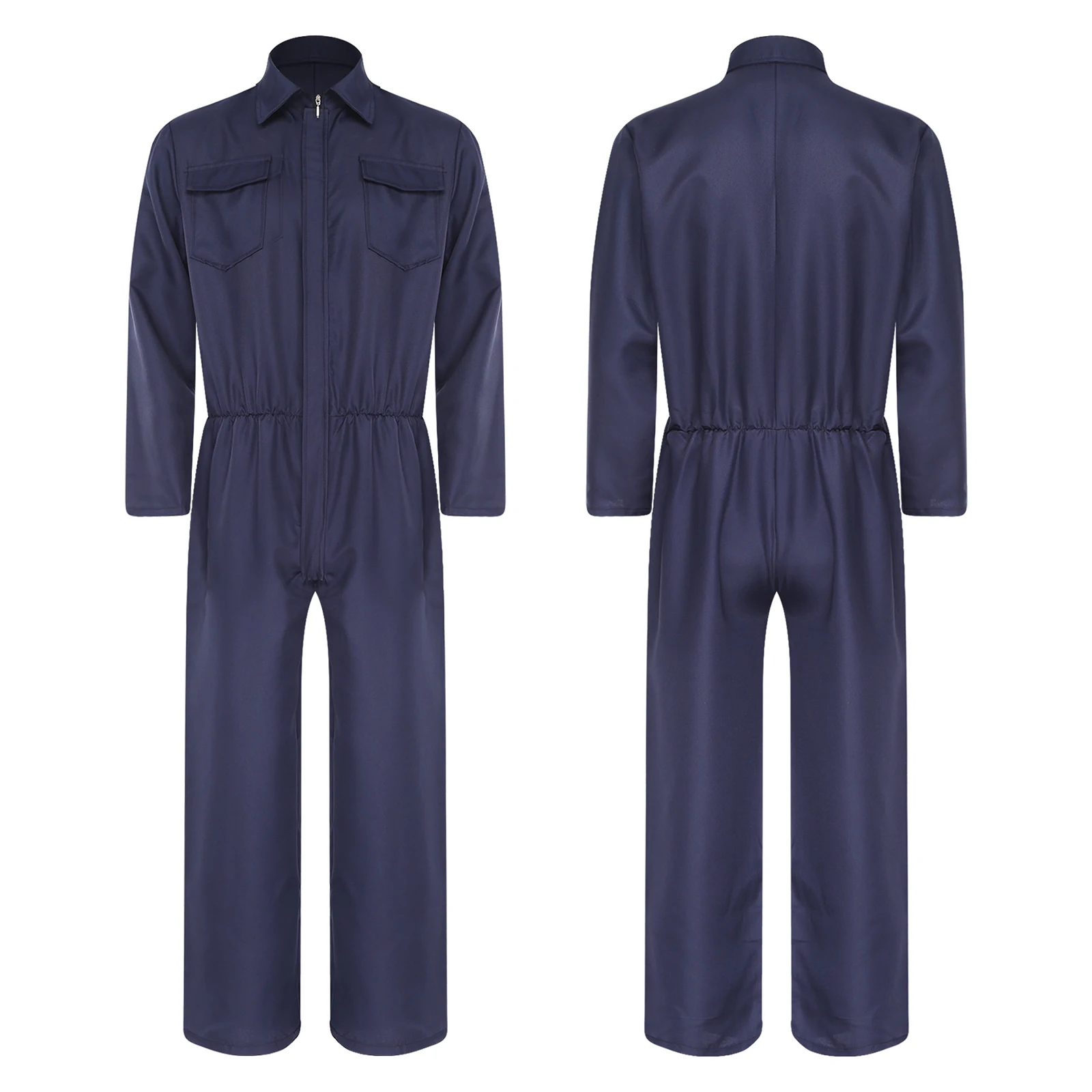 مآزر للجنسين بدلة قفز باللون الأزرق الداكن بأكمام طويلة وجيوب رفرف الصدر من قطعة واحدة لأزياء العمل في المصنع #5