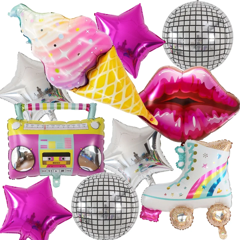 Lot de 10 ballons 4D arc-en-ciel de 22 pouces, ballons disco en aluminium, ballons Boom Box, pour décoration de fête d'anniversaire sur le thème rétro des années 80 et 90