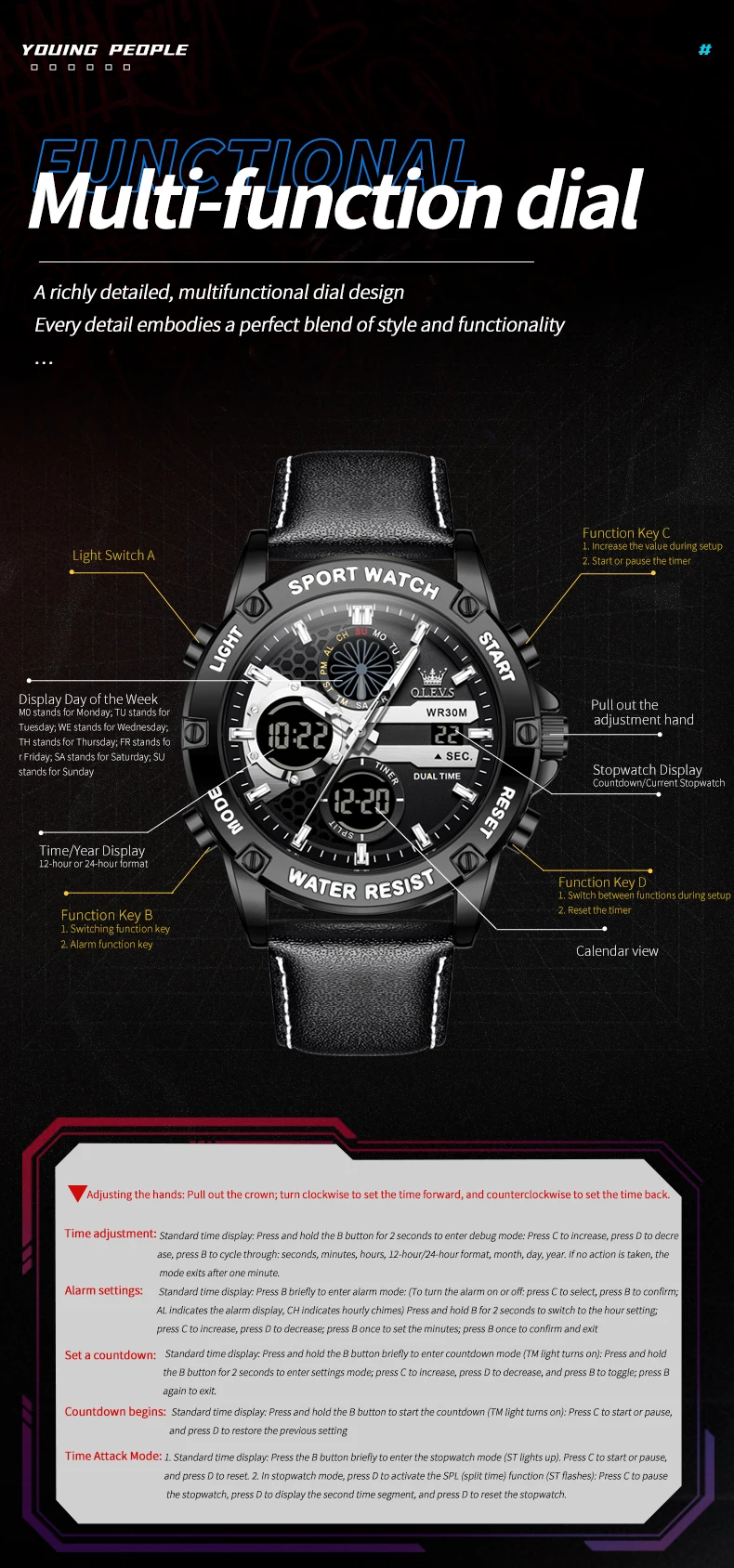 OLEVS 1110 Original Quarzuhr für Herren Multifunktionale Persönliche Digitaluhr Modische Lederarmband Sportuhr – Detail 7