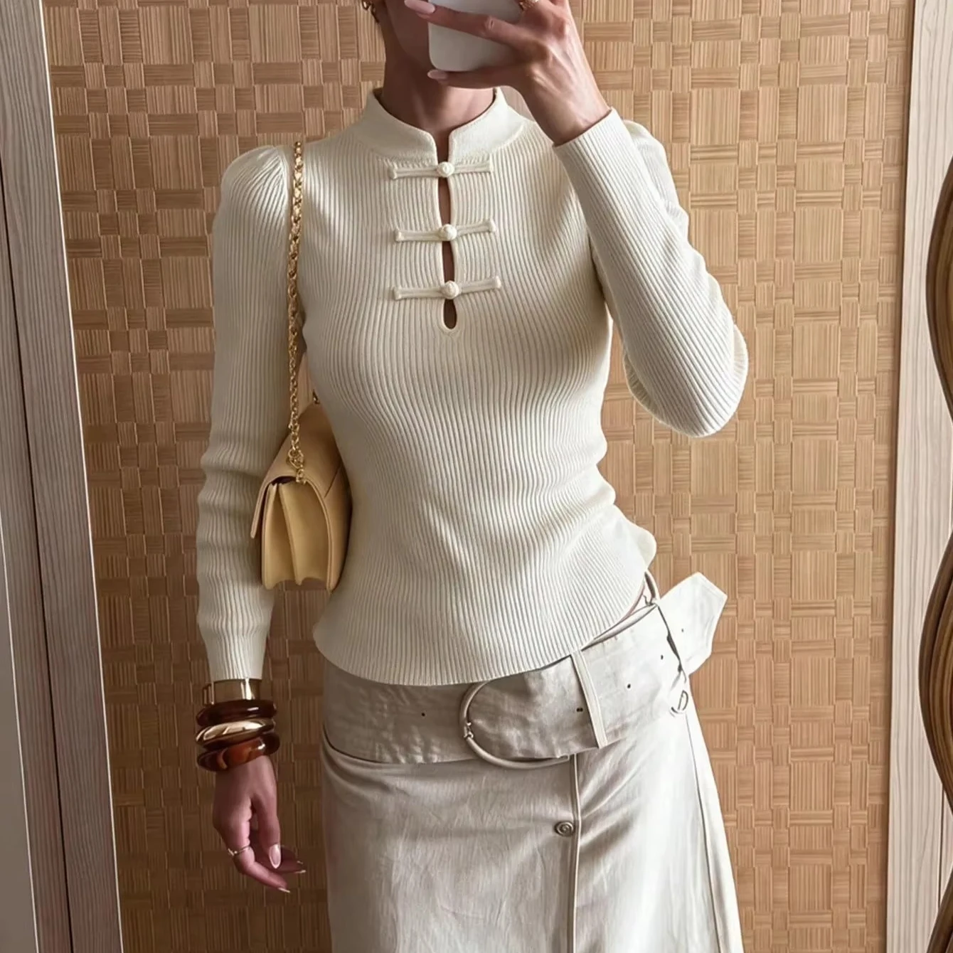 New Chinese Style Frog Button Stand Collar Knit Top Slim Vertical Rib Hollow Out Long Sleeve National Style Undershirt for Women