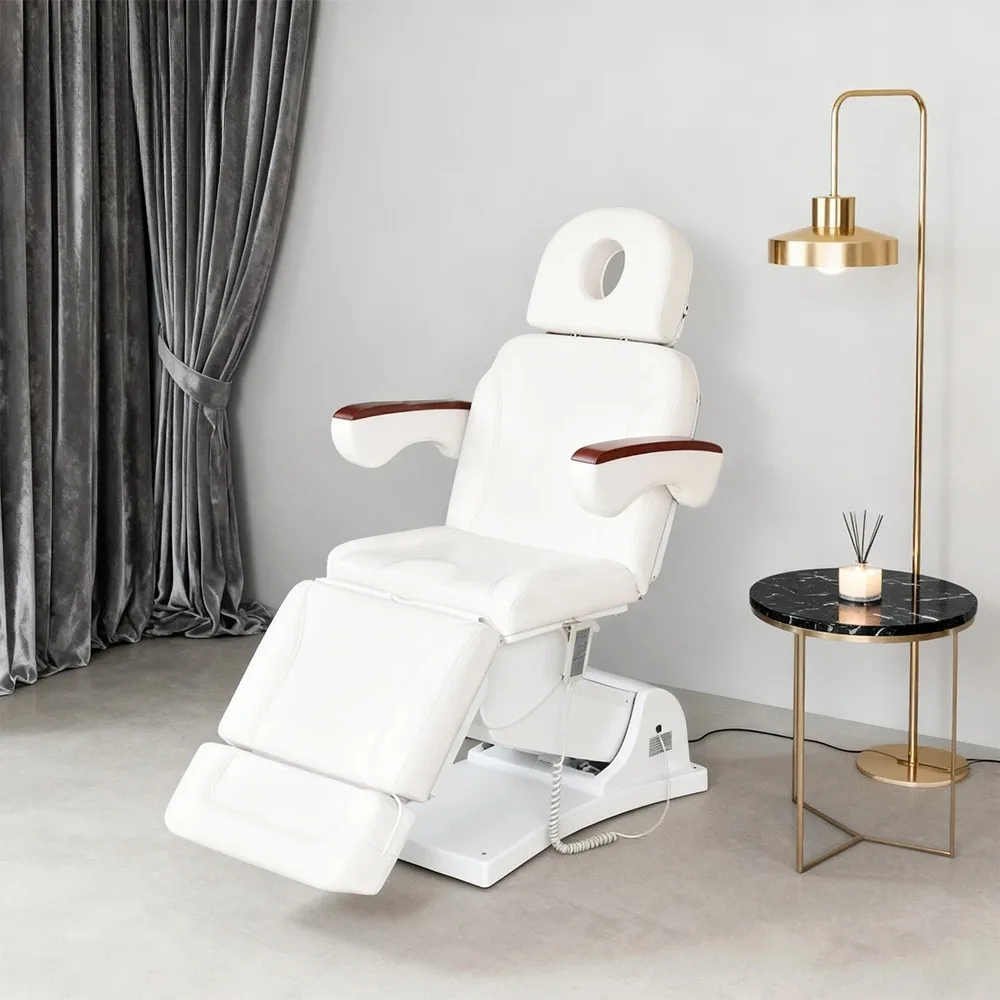 3 Motor Electric Beauty Bed Adjustable White Facial Bed Massage Table Facial Hole Wood Armrest Spa Esthetician Lash Tattoo Bed