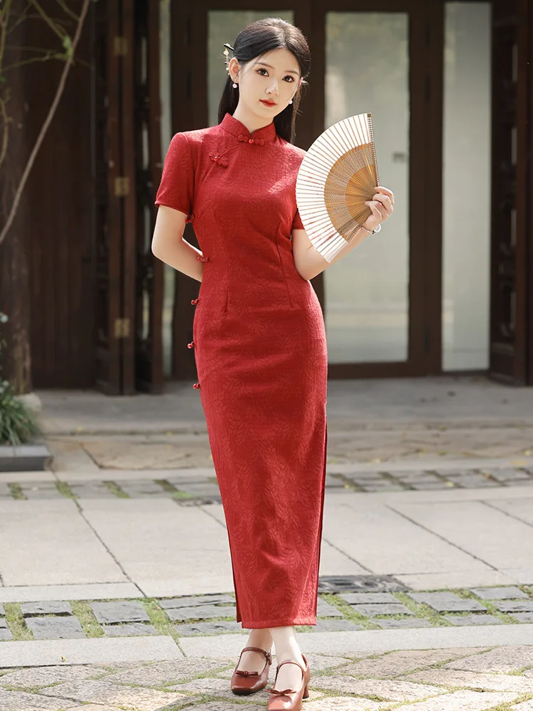 

Red Lace Cheongsam Short Sleeve Vintage Embroidery Chiffon Dress Chinese Women Wedding Costumes Qipao