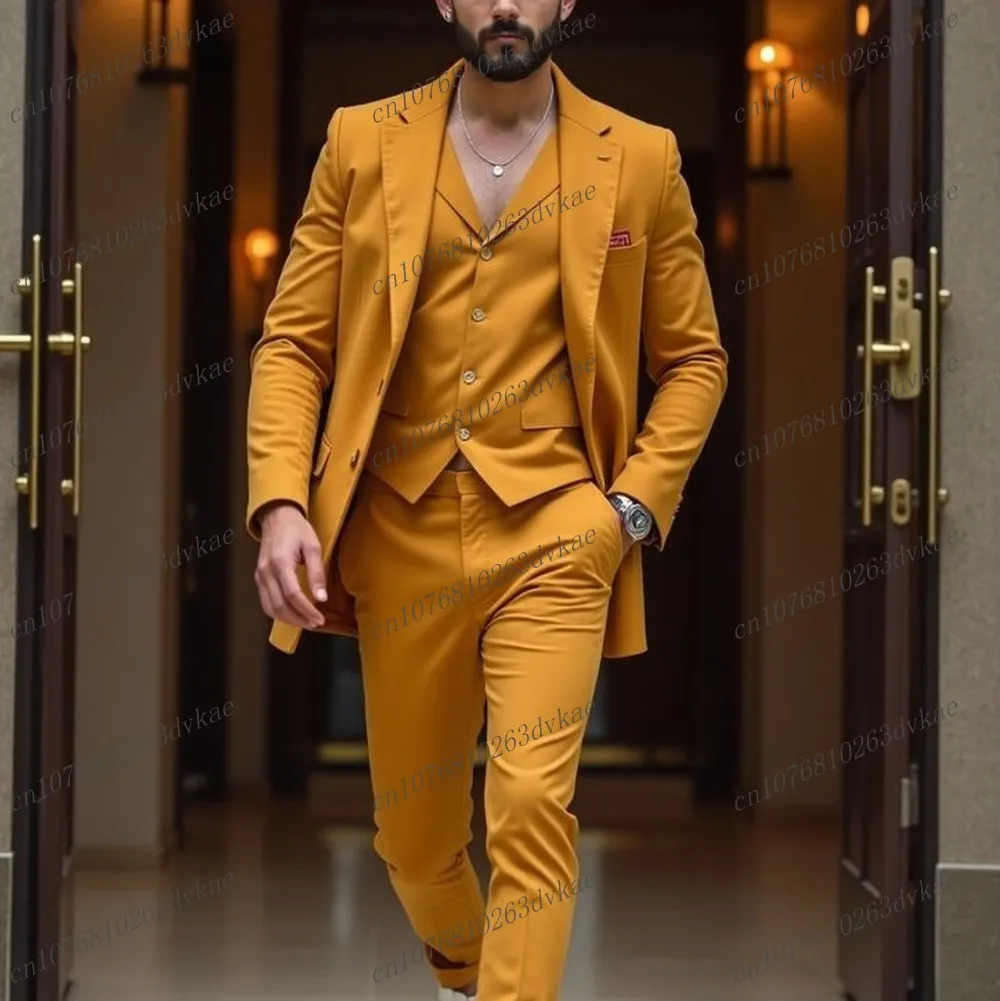 

New Yellow Men Suit Wedding Party Formal Occasion Groom Groomsman Prom Business Male Tuxedos 3 Piece Set Jacket Vest Pants