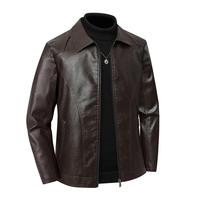 

Men's Business Casual Leather Jacket High-End Motorcycle Style Fleece Lined Lapel Coat Versatile Large Size Outerwear