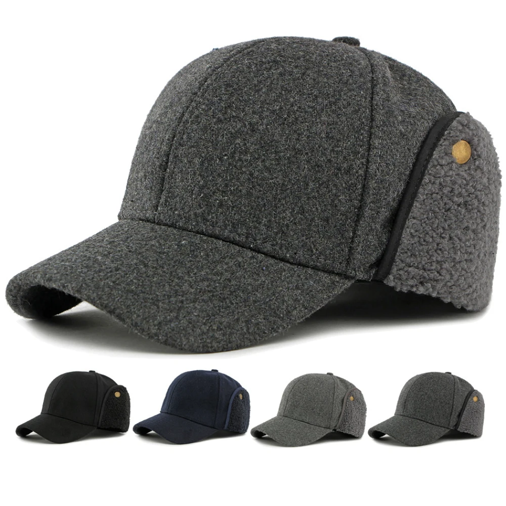 HT5009 Baseball Cap New Autumn Winter Caps for Men Thick Warm Snow Ski Earflap Cap Fleece Lined Wool Baseball Hat Father Dad Hat