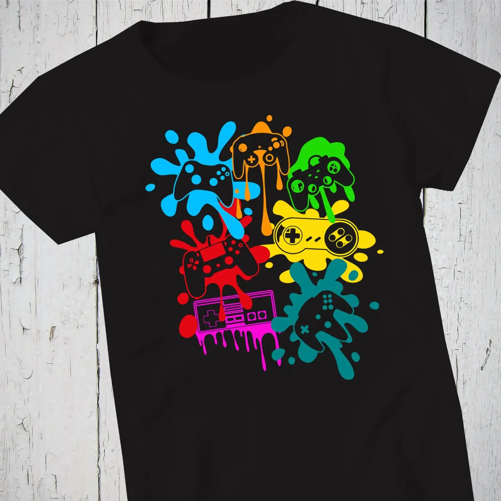 Colorful Graffiti Dripping Paint Retro Video Game Controllers T Shirt Gamer s Nerd Gaming vintage Washed Stretched Versatile