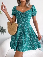 Vestido Casual de Mujer con Cuello Cuadrado, Manga Corta con Vuelo, Estampado Floral, Elegante, Línea A, para Primavera Verano 2026, Ropa de Moda Femenina