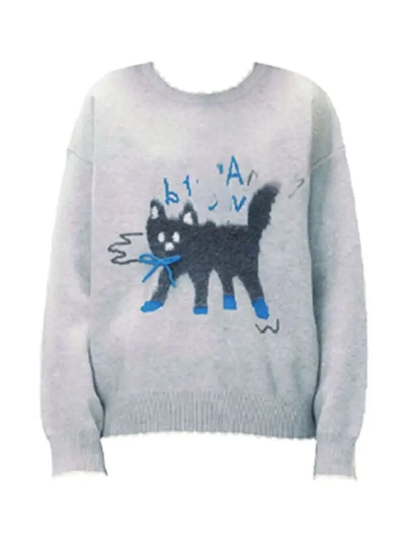 Pull Jacquard Chic Chaton Chat Drôle pour Fille, Pull Jacquard Personnalisé, Pull Coréen en Y, Doux, Preppy, Étudiantes, Streetwear, Hiver