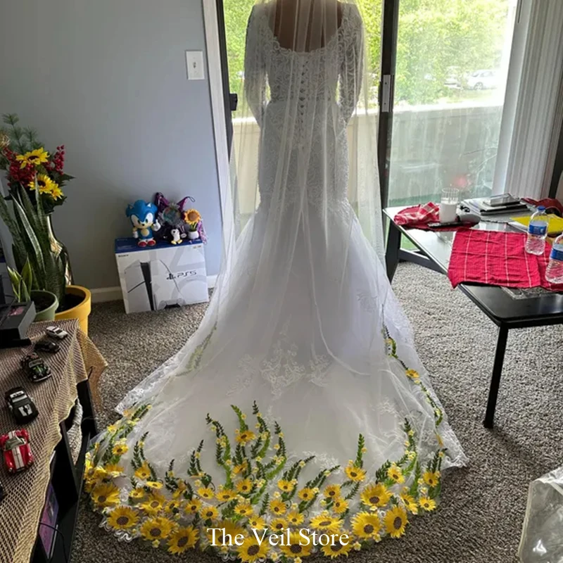 

Green Leaves Yellow Sunflower Floral Wedding Bridal Veils Cathedral Long For Brides Unique White Ivory Colored Lace Spring
