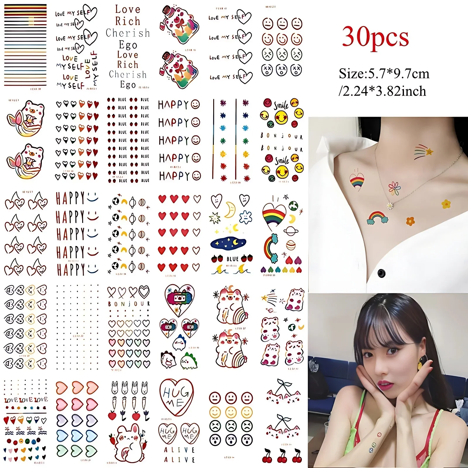 30pcs/set Fake Tattoos Waterproof for Children Kids Leg Arm Colorful Heart Rainbow Smiling Face English Letters Tattoo Adhesive