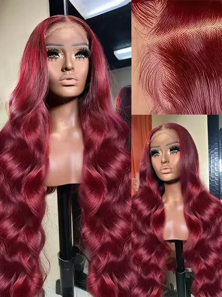 Wig Rambut Asli Burgundy 99j Model Body Wave dengan Lace Front 13x6 HD