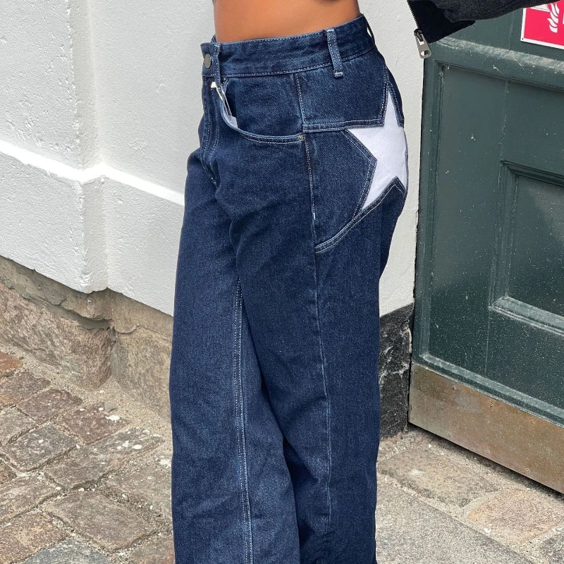 Y2K ヴィンテージデニムジーンズ レディース ローライズ バギーストレートレッグパンツ 星柄プリント カジュアル ストリートウェア ファッション