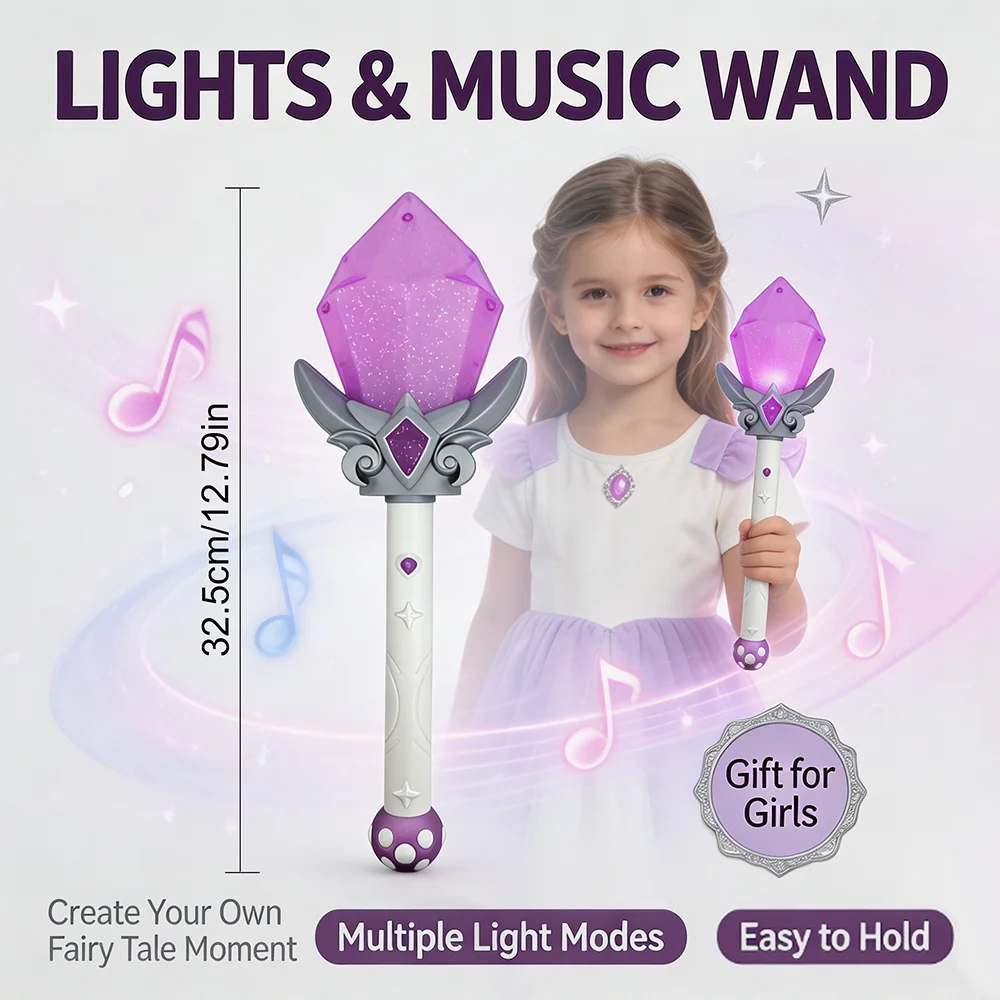 Children's Led Flashing Magic Wand, Purple Crystal Fairy Wand Girls' Toy, Princess Role-Playing Costume Accessory, Party Dress-Up Gift, Girls' Pretend Play Dress-Up Prop. Holiday Gifts, Birthday Gifts, Christmas Gifts,