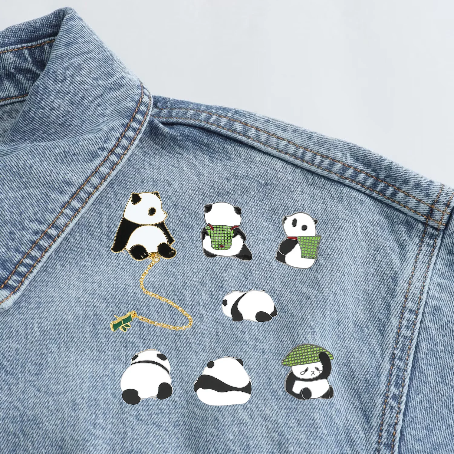 

1 Set Cartoon Cute Panda Metal Badge Small Animal Panda Back Bamboo Basket Bamboo Pendant Alloy Paint Brooch Wholesale