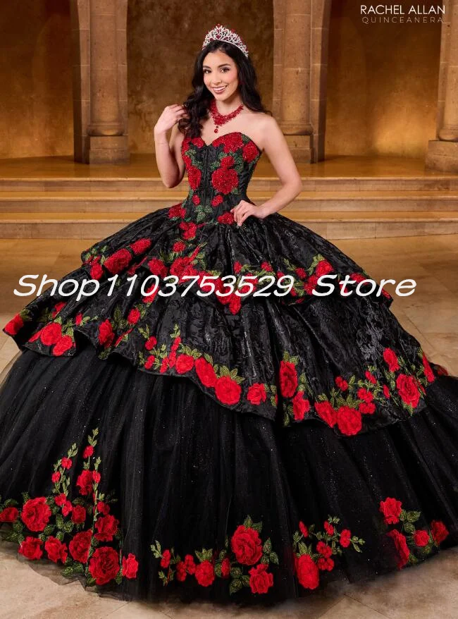 Black Red Charro Mexican Princess Quinceanera Dresses 3D Floral Embroidery Corset Lace-up Custom vestido 15 años quinceañera