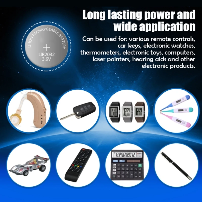 Long lasting and Reliable 3.6V LIR2032 Lithium Rechargeable Button Battery for Remote Control, Watches, and Motherboards