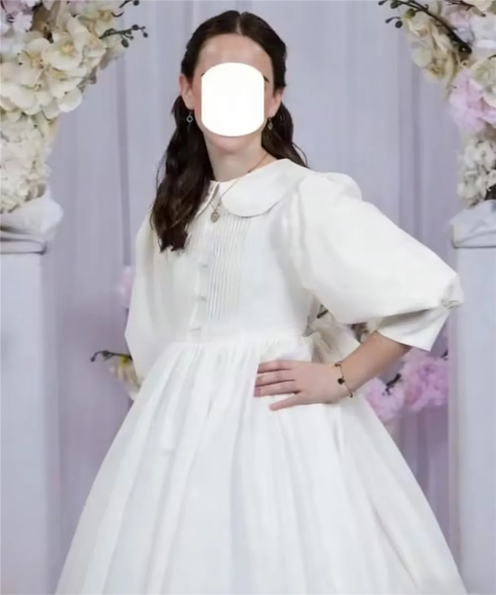 

Customized White Flower Girl Dress For Wedding Puffy High Waist Pleated Baby Kids Birthday Party Dress First Communion Gown