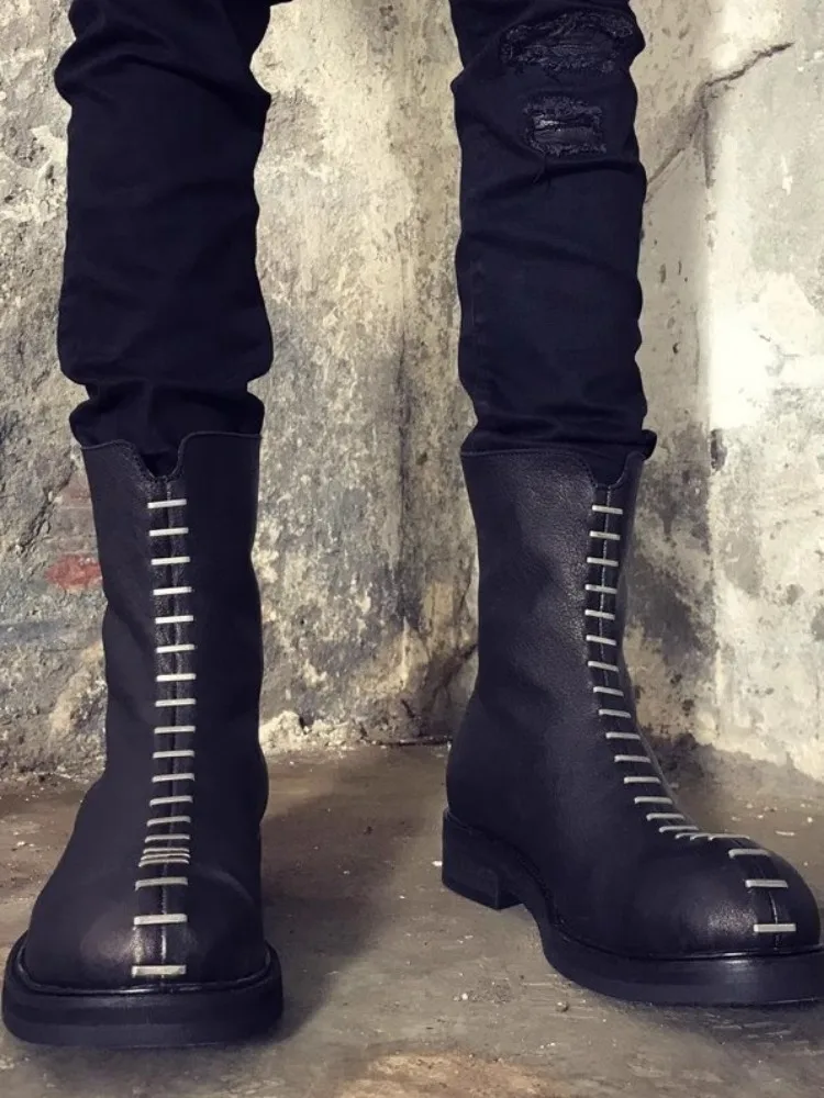 Luxury Rivets Cow Leather Boots Men Street Black Vintage Moto Biker High-Top Shoes Top Quality Punk Platform Mid-Calf Boots