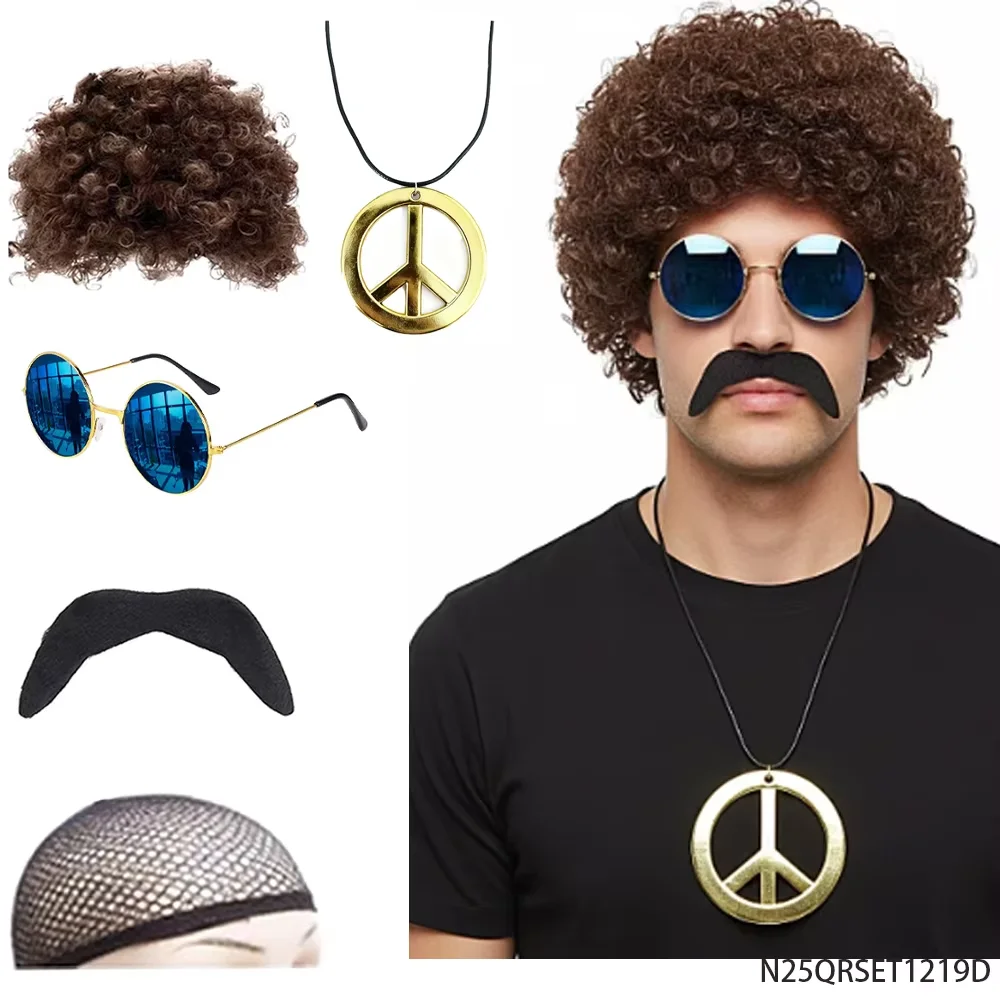 ชุดคอสตูมเรโทรฮิปปี้ยุค 90 พร้อมวิกผมหยิก สร้อยคอสัญลักษณ์สันติภาพ แว่นกันแดด อุปกรณ์เสริมสำหรับงานปาร์ตี้